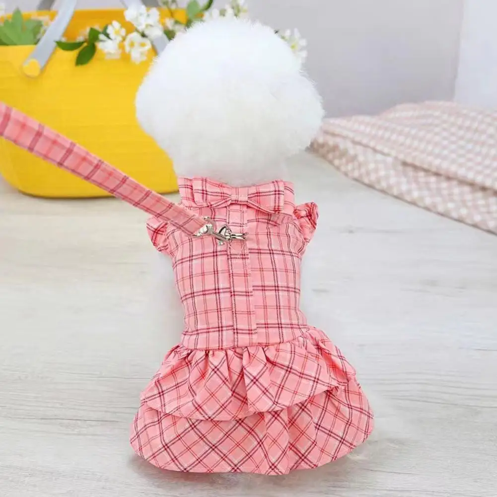 

New Dog Cat Dress Shirt Plaid Bow With Pet Traction Puppy Spring/Summer Leash Clothes Apparel Skirt Skirt Dog Rope Pet O6N9