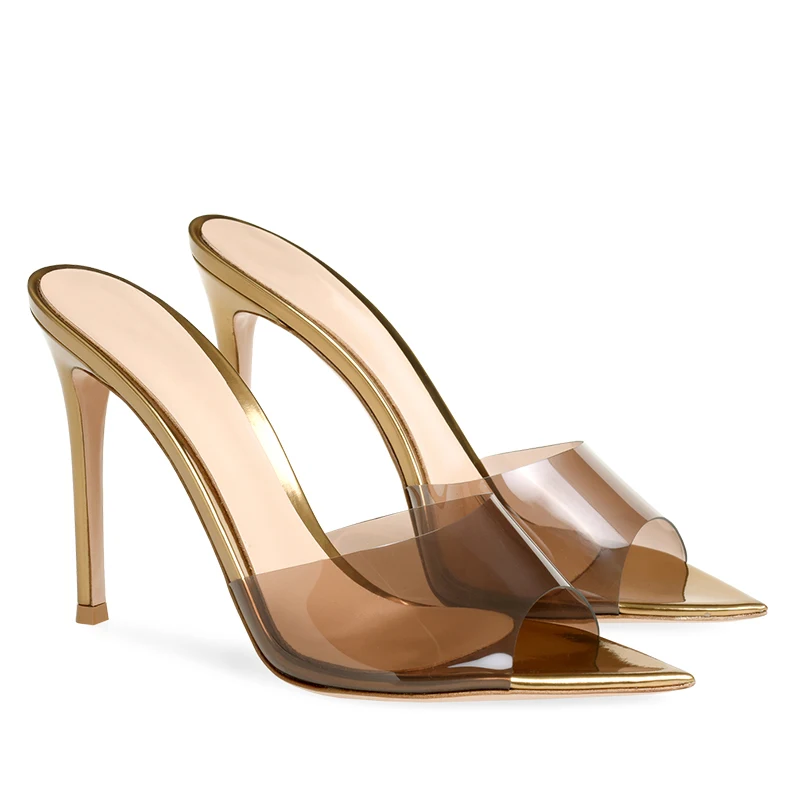 2023 New Women's Pointed Toe Summer Sandals Stilettos High Heels Mules Transparent PVC Party Heels Brown Slippers Plus Size Shoe