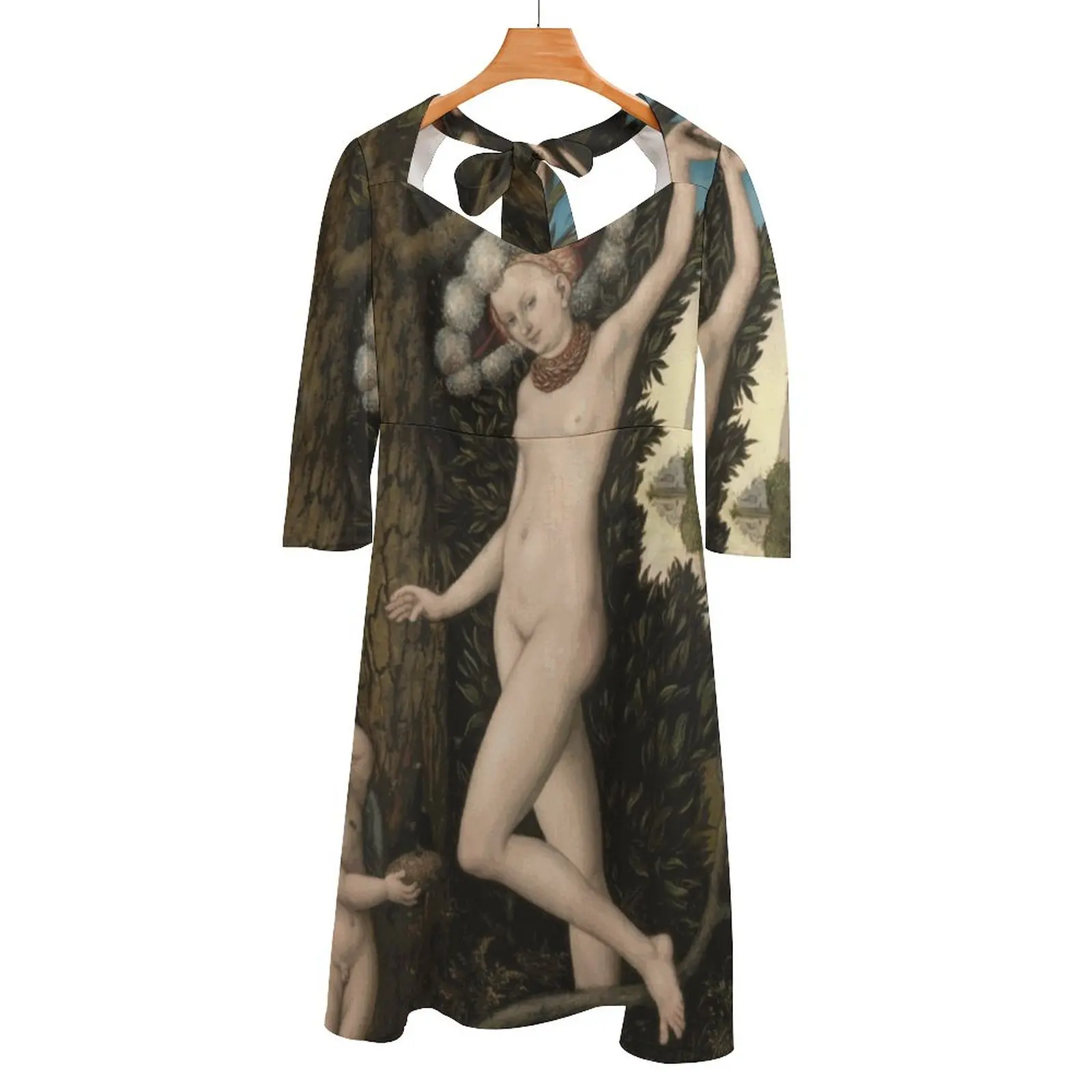 

Lucas Cranach Venus And Cupid Back Lacing Backless Dress Square Neck Dress New Elegant Women Waist Tight Dress Goddess Gothic