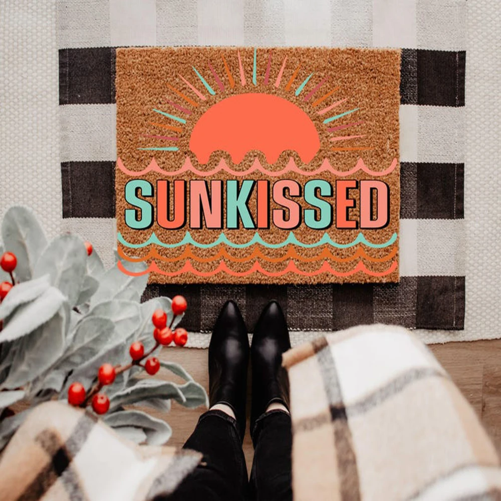 Фото Коврик для прихожей Sunkissed в стиле ретро с солнечным мотивом, летний декор для пляжного дома, яркий коврик с солнечным узором, красочный и живой декор для входной зоны №2