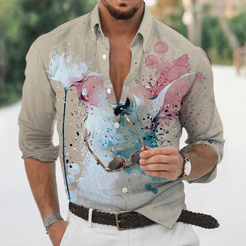 

Men's Autumn Polyester Long Sleeve Shirt Floral And Birds Print Casual Male Top Button Shirts Clothes Blouse Clothing For Men