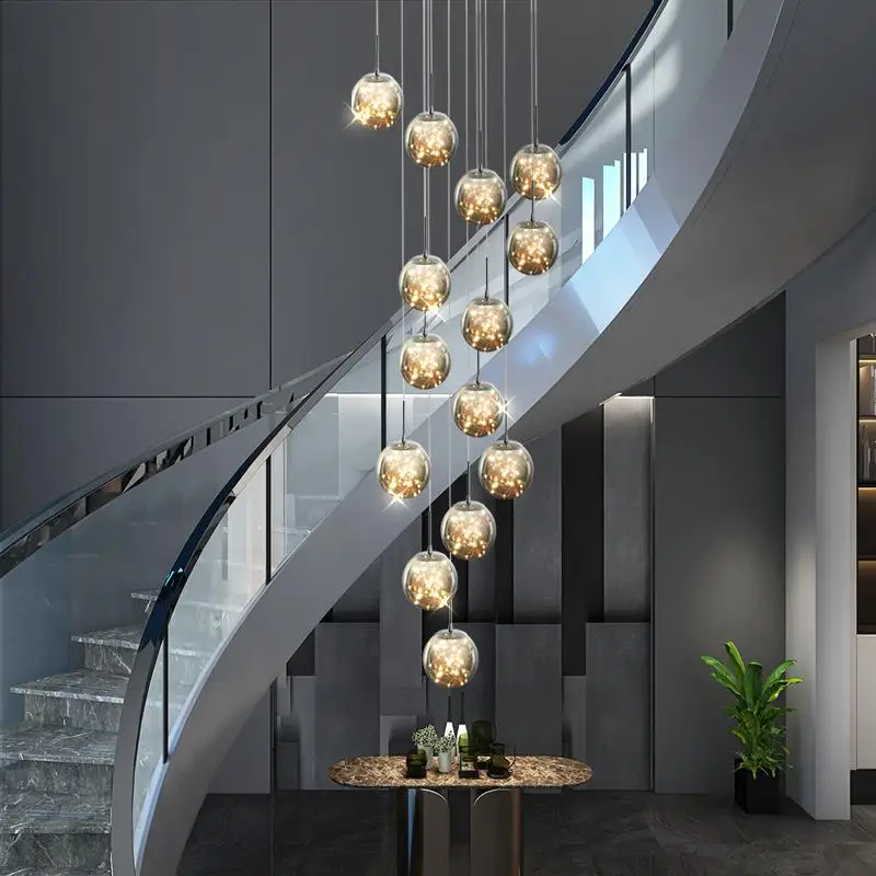 

Modern spiral staircase chandelier home long lighting hotel living room villa kitchen loft duplex glass ball bubble chandelier