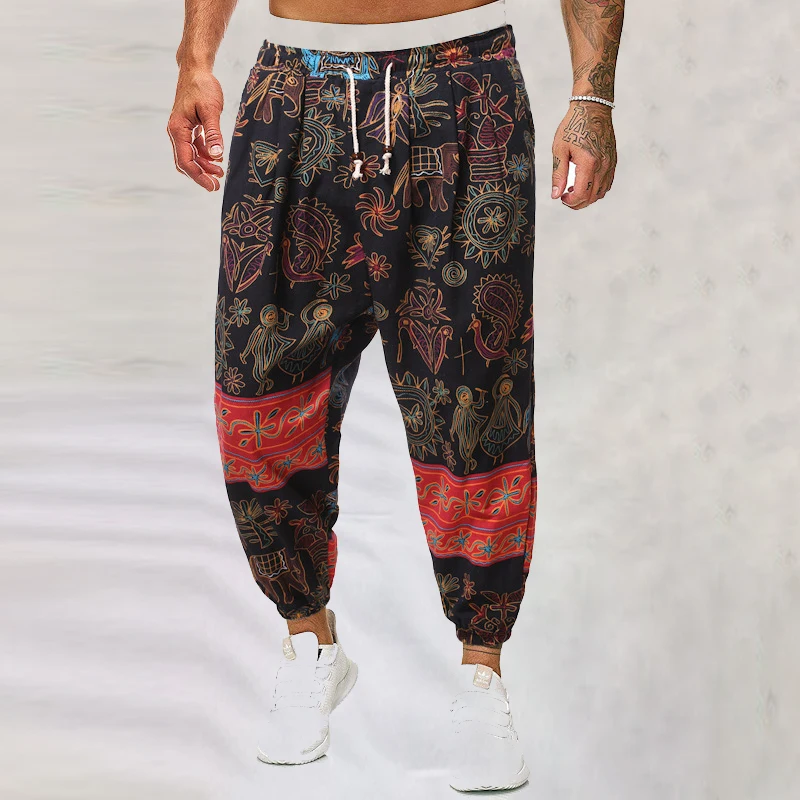 

2022 Summer Drawstring Design Mens Trousers Harajuku Streetwear Vintage Men Boho Printed Pants For Men Fashion Wide Leg Pant