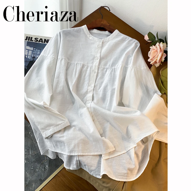 

Cheriaza Woman Autumn Cotton Linen Blend White Shirt Round Neck Long Sleeves Loose Casual Solid Color Blouse Button Top Female