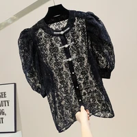 vintage floral beads single breasted lace shirt 2022 new summer shirts round neck perspective blouse women top elegants blouses