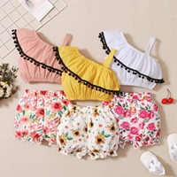 toddler baby girls summer two piece clothes set fashion solid color oblique shoulder tops and floral short pants set