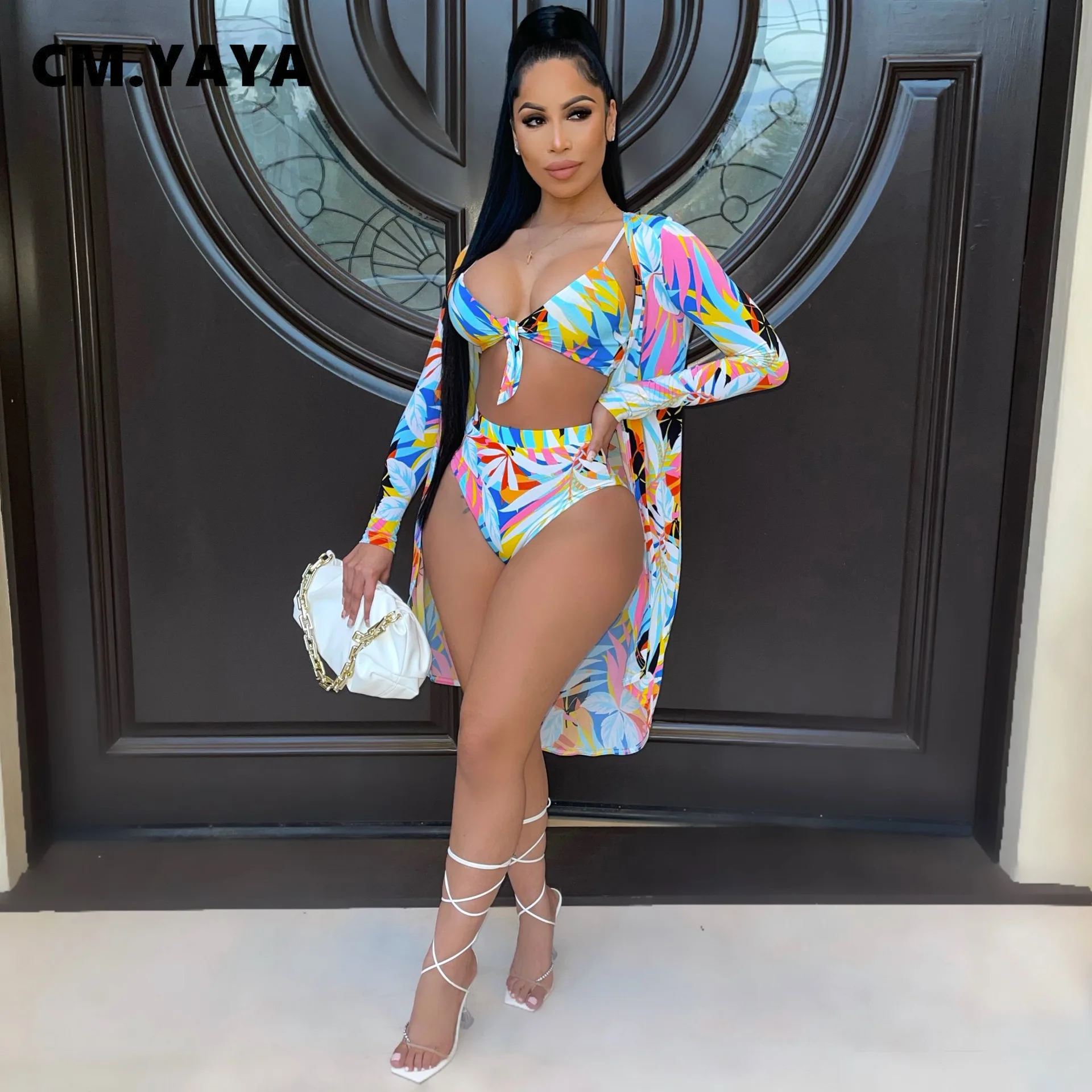 Женский пляжный комплект CM.YAYA бикини с принтом листьев сексуальный топ часами и