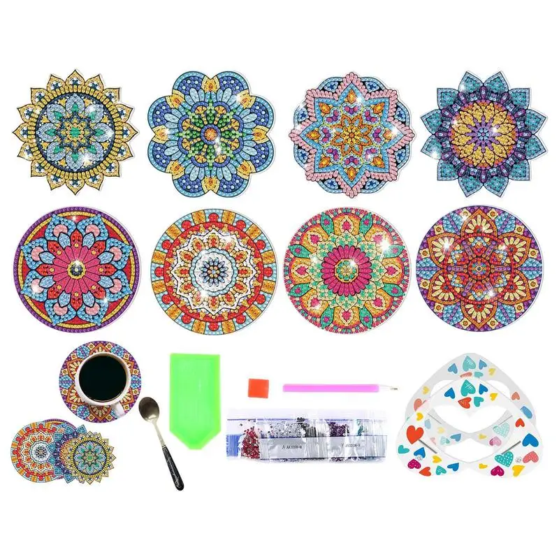 

Coasters Kit Diy 8Pcs Diy Coaster With Holder Mandala Coasters Diamond Art Crafts For Adults