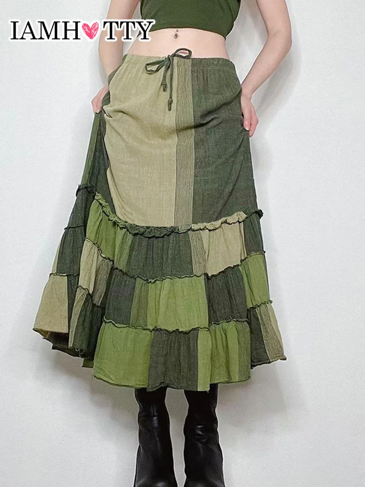 

IAMHOTTY Indie Folk Patchwork Long Skirt Women Elastic Drawstring High Waist A-line Fairycore Grunge Skirts Holiday Y2K Boho