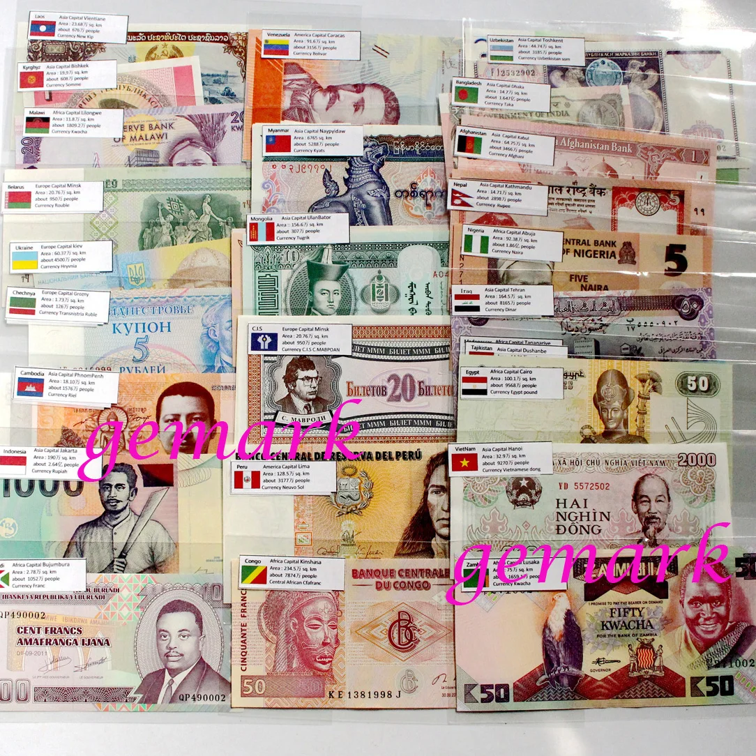 52 шт. прозрачные зарубежные банкноты с флагами на английском и китайском языках |