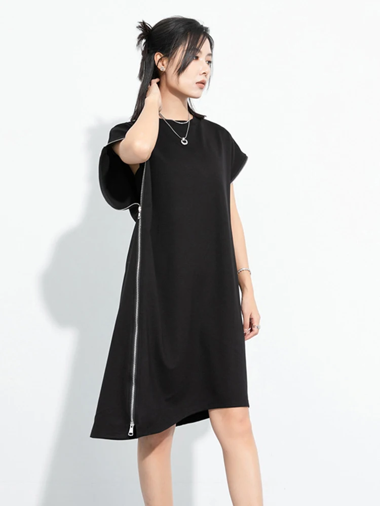 [EAM] Женское черное повседневное мини-платье на молнии неправильной формы