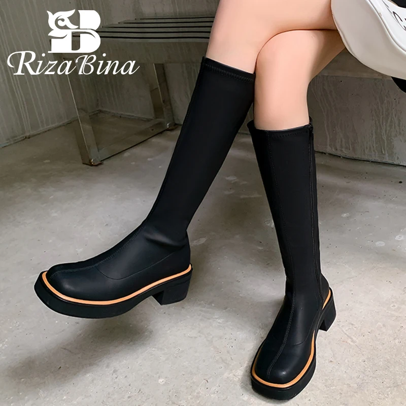 

RIZABINA Women'S Long Boots Real Leather Mix Color Women Winter Shoes Fashion Causal Female Knee Boot Footwear Size 34-39