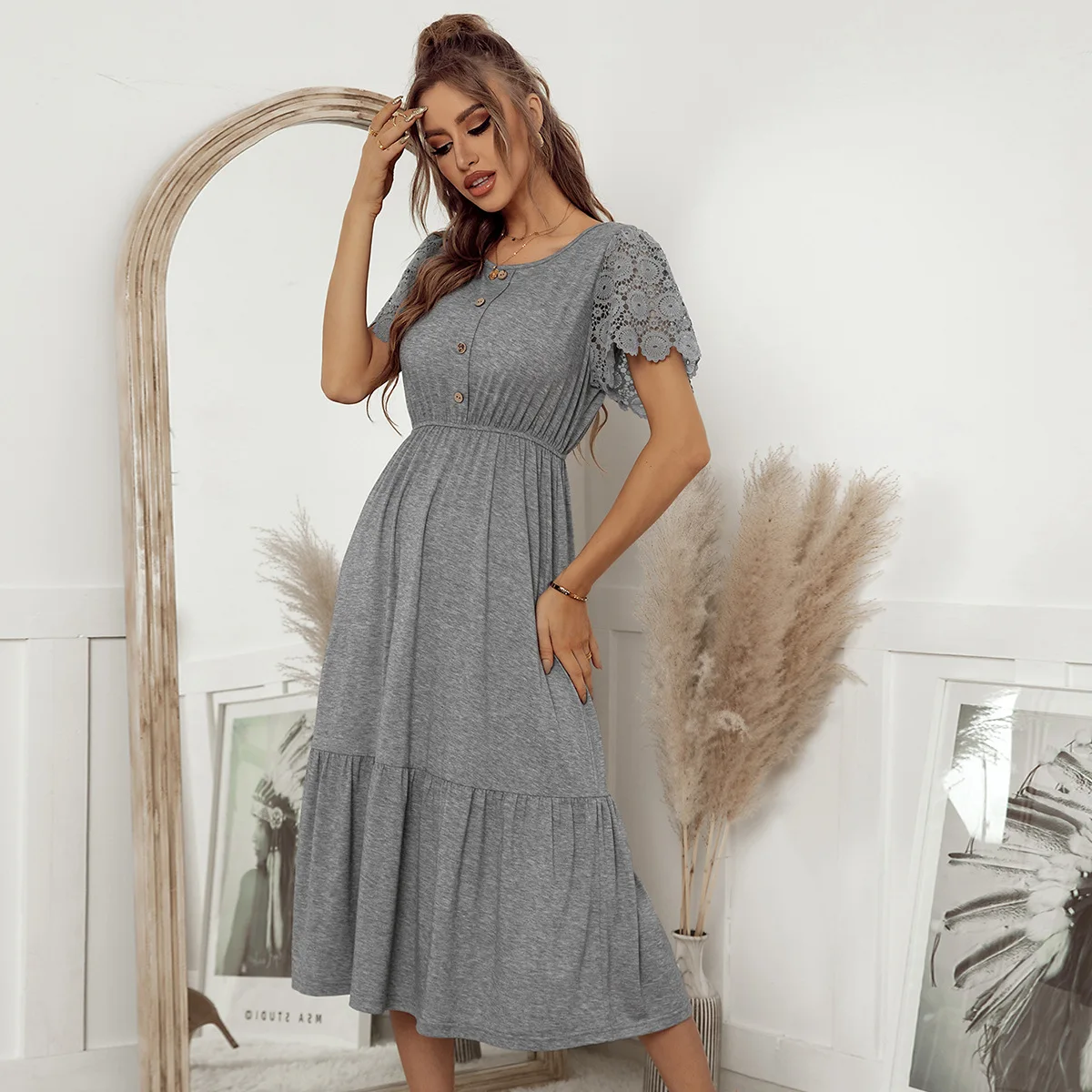 

Elegant Lace Short Sleeve Dress 2022 Summer Fashion Women's Clothing Casual Girl V Neck Draped Ankle Length Dress