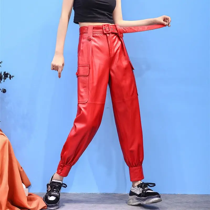 Women Autumn High Waist Nine Points Pu Leather Cargo Pants Red Streetwear Korean Fashion winter Loose Ladies Trousers S-5XL