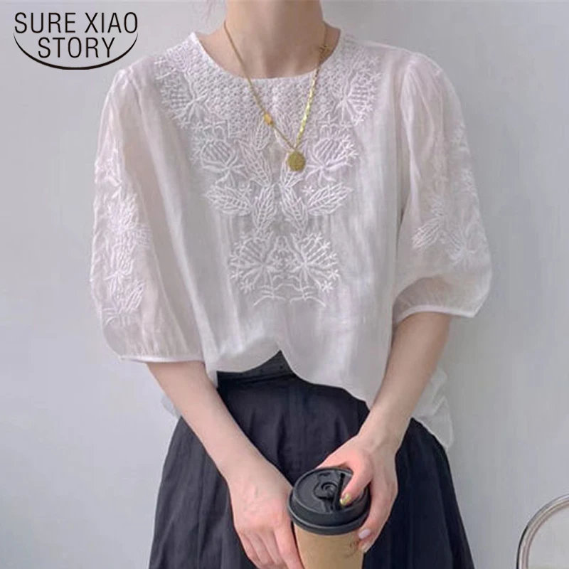 Fashion Embroidered Silk Women's Blouse Casual Bubble Sleeve Loose Tops O Neck Summer Flowers Chiffon Shirts White Blusas 15614