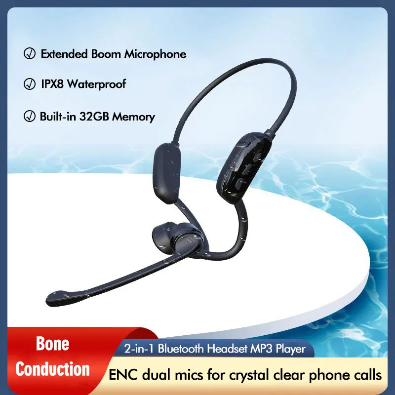 

Bone Conduction Headphones with Noise-Canceling Boom Microphone Blutooth 32GB MP3 Player Music Handfree for for Office Comercial