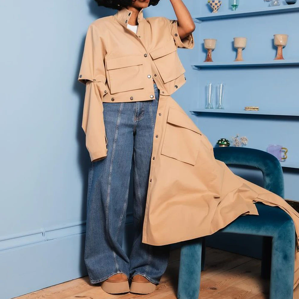 Женский Свободный плащ TWOTWINSTYLE однотонный составного кроя на пуговицах с