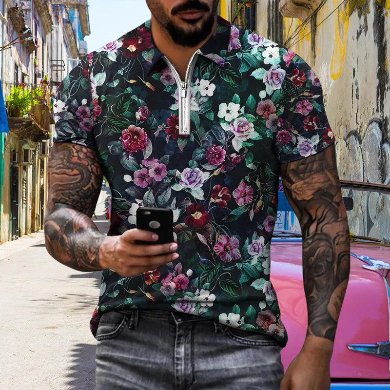 

Summer 2022 Men's Polo Shirts Flowers Top T-shirt Short Sleeve Neckline Zipper 3D Print Polo Shirt Casual Hip Hop Hawaiian Style