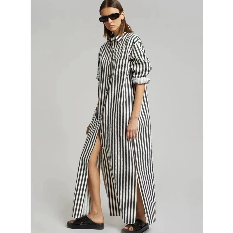 

Carla Stripe Print Long Sleeve Dress 2023 Autumn Fall New Cotton Split Long Skirt Preppy Style.