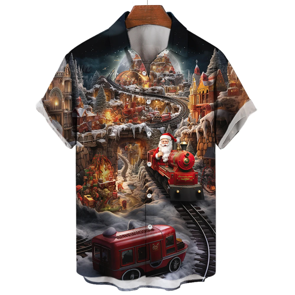 

2023 Hawaiian Christmas Printed Short Sleeved Shirt Men'S Beach Men Casual European Santa Claus Shirt Oversized Blouse Pullover