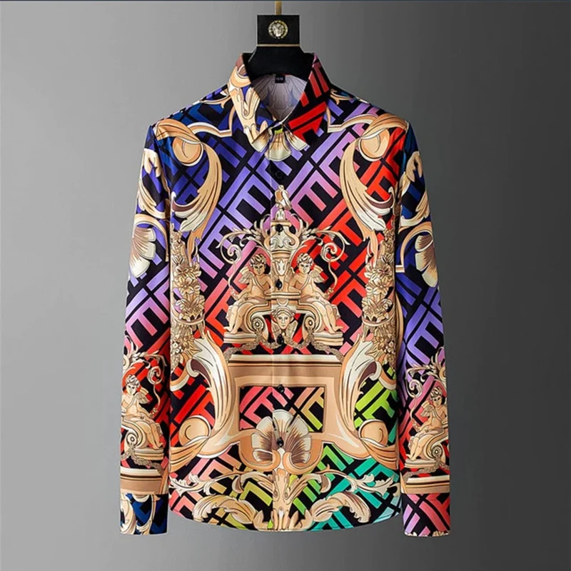 

Весна 2023, модные европейские мужские рубашки, приталенные, не требующие глажки, рубашки с длинным рукавом, мужские красочные рубашки с принтом в стиле барокко и двора, женская