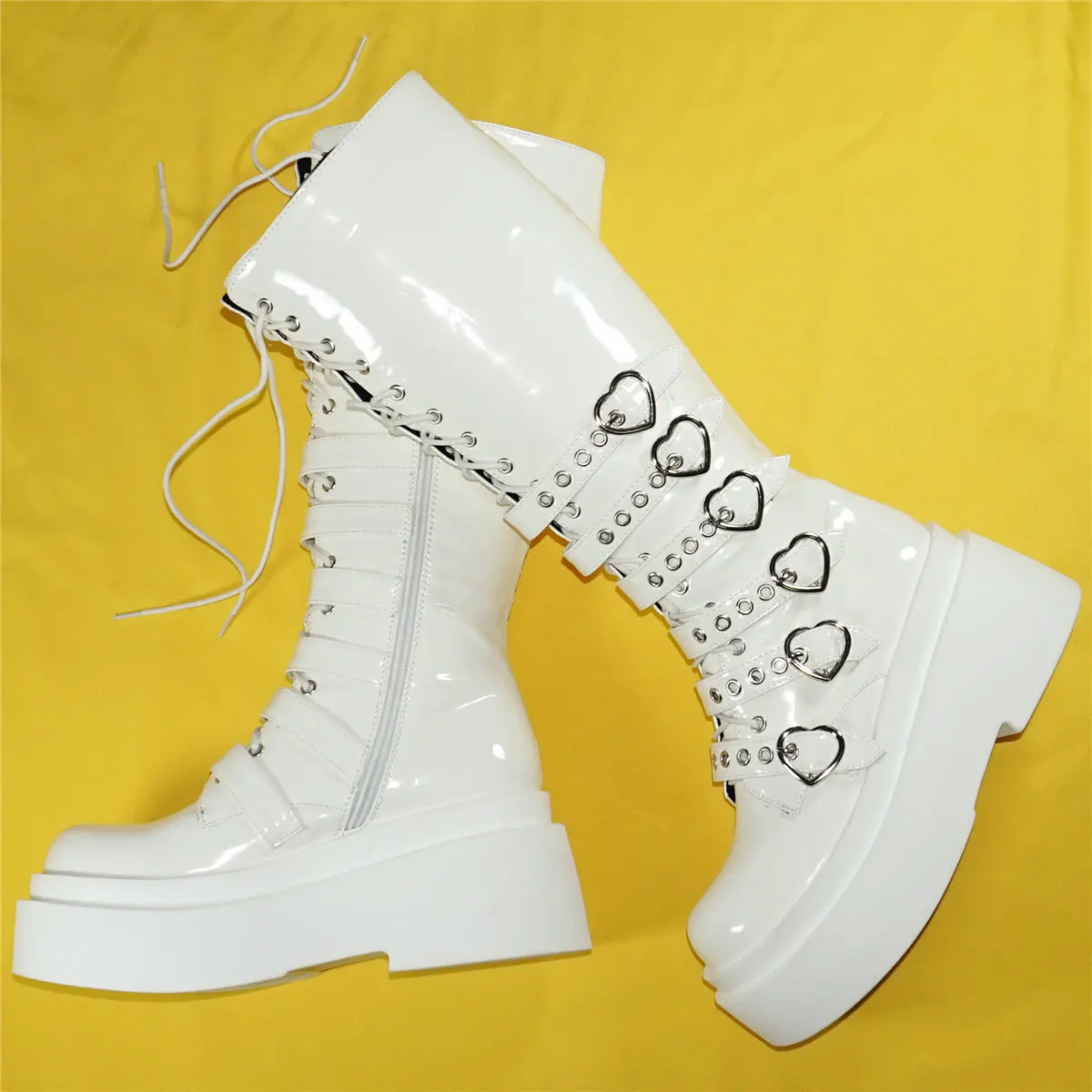 White Fashion Sneakers Women Lace Up Patent Leather High Heel Knee High Boots Female Round Toe Platform Pumps Shoes Casual Shoes