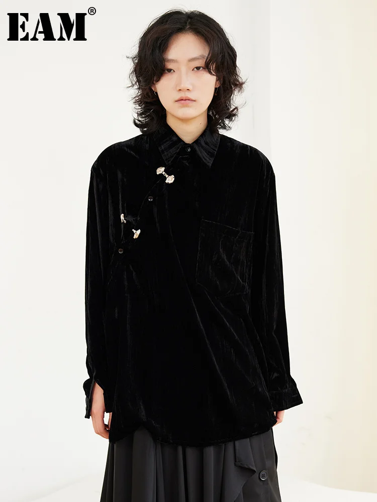

[EAM] Loose Fit Black Velvet Big Size Jacket New Stand Collar Long Sleeve Women Coat Fashion Tide Spring Autumn 2023 1DF7085