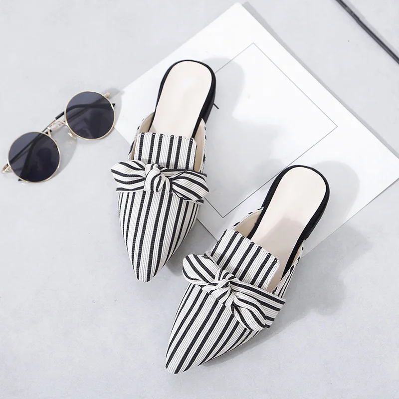 

2022 New Ladies Slippers Ladies Elegant Pointed Toe Shoes Ladies Bow Striped Low Heel Ladies Fashion Women Muller Shoes Summer
