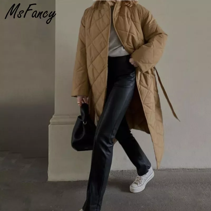 New2022 Long Parkas Women Stand Collar Quilted Coats Femme Winter Double Breasted Tunic Bandage Jacket Outwear