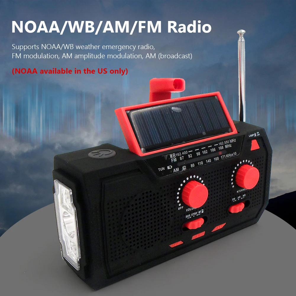 

Портативный радиоприемник AM/FM/WB, аварийный радиоприемник с солнечной батареей, метеостанция с ручным управлением, внешний аккумулятор 2000 м...