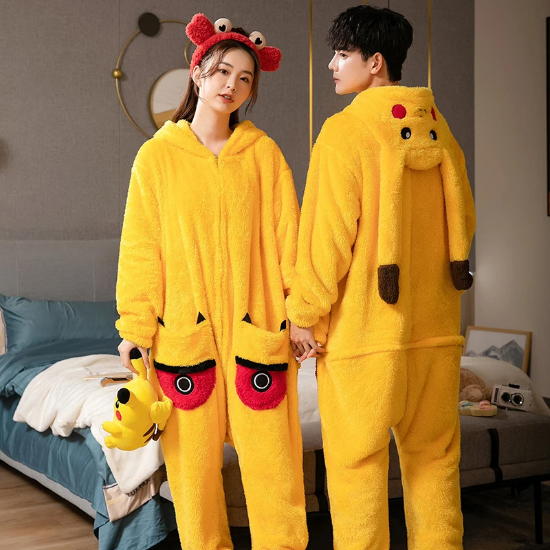 Adults Winter Fleece One-Piece Pajamas Sets Animal Kigurumi Pikachu Cartoon Onesies for Women Men Pyjama Anime Cosplay Costume