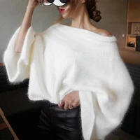 2022 sexy off shoulder knitted sweater women solid loose flare sleeve pullover female slash neck mink cashmere sweater jumpers