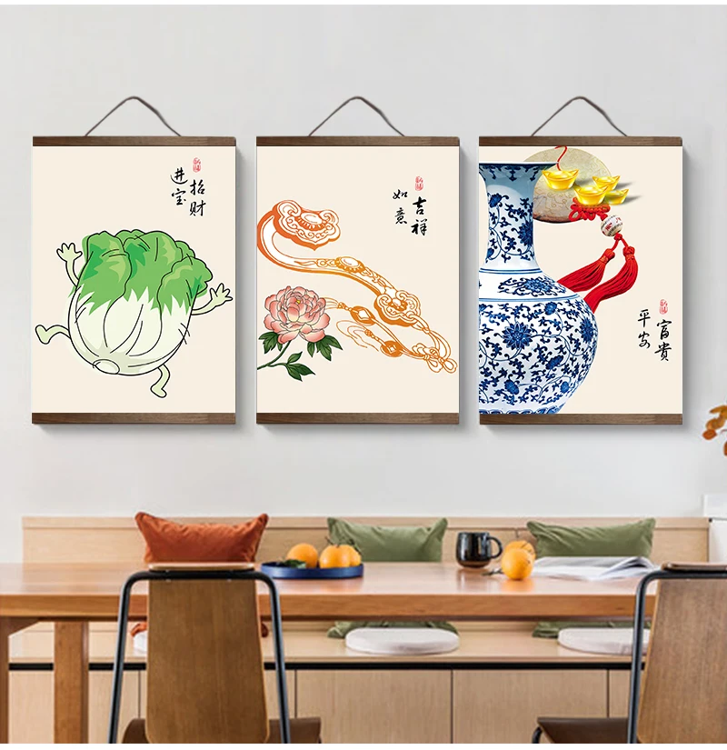 Chinese style green plants canvas decorative painting Store bedroom living room wall art solid wood scroll customizable |