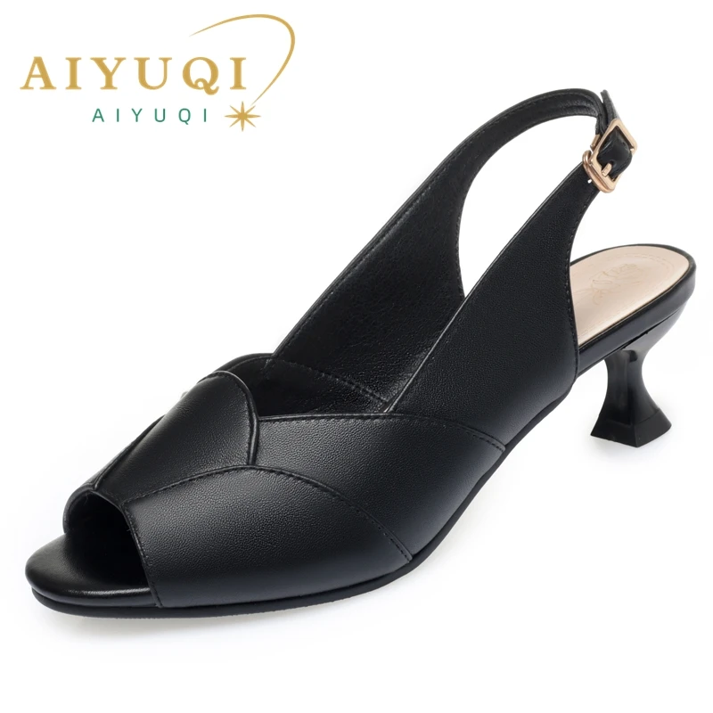 AIYUQI Sandals Women Summer 2023 New Genuine Lenther Block Heel Rear Space Large Size 41 42 43 Fashion Mid Heel Women Sandals