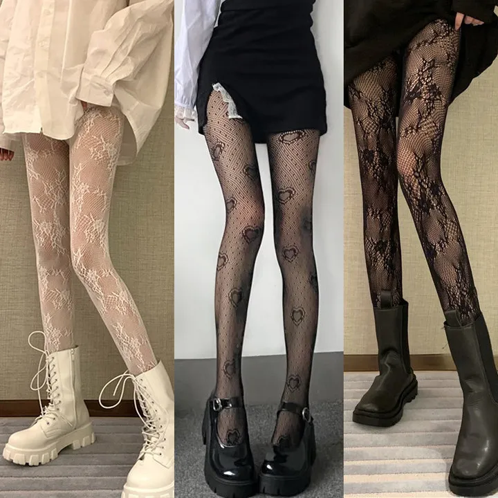 

Women Heart Dot Jacquard Fishnet Sexy Pantyhose Punk Hollow Out Tights Black Heart Dot Jacquard Stocking Cosplay Party Lingerie