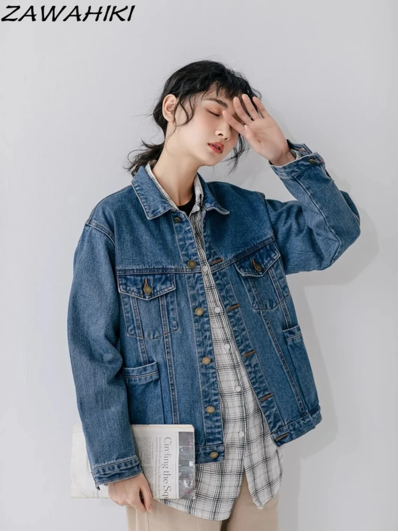 

ZAWAHIKI Spring Autumn New Casual Vintage Blue Denim Jackets Women Loose Button-up Versatile Turn-down Collar Chic Tops Mujer