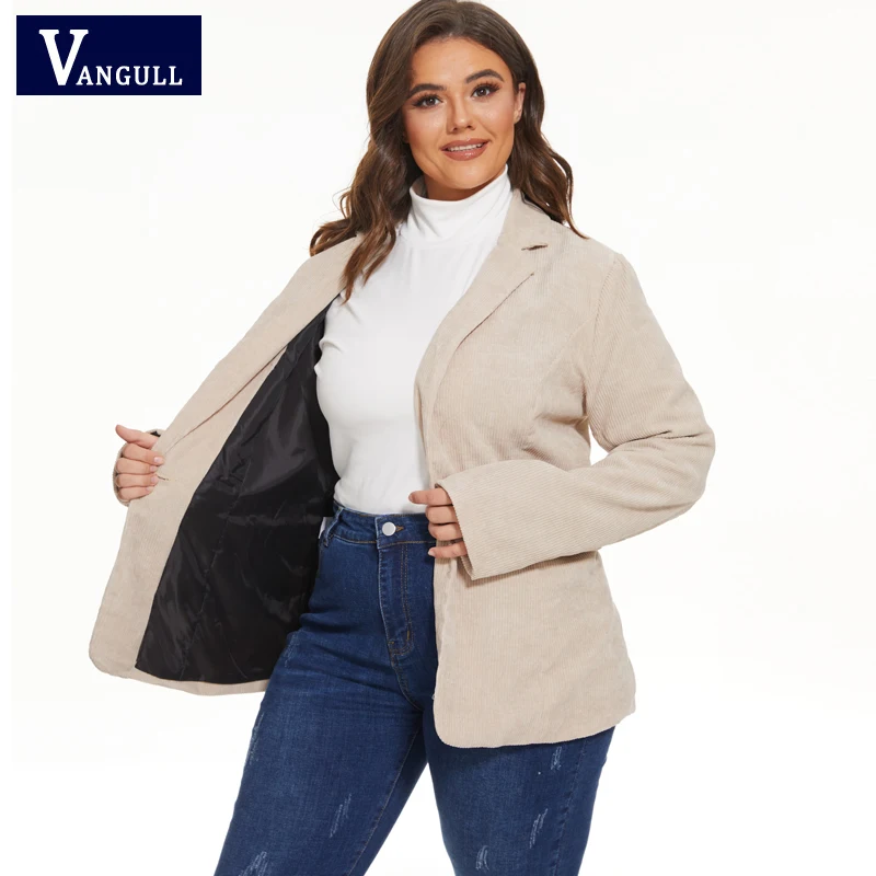 

Vangull Khaki Corduroy Women Blazers Long Sleeve One Button Female Coat Spring Slim Office Ladies Notched Collar Liner Outerwear