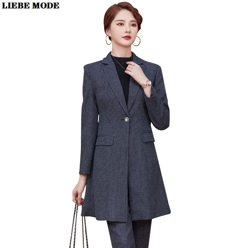 Women's Business Suits Elegant Plaid 2 Piece Ladies Blazer Sets Women Houndstooth Trench Coat with Trouser Office Formal Outfits