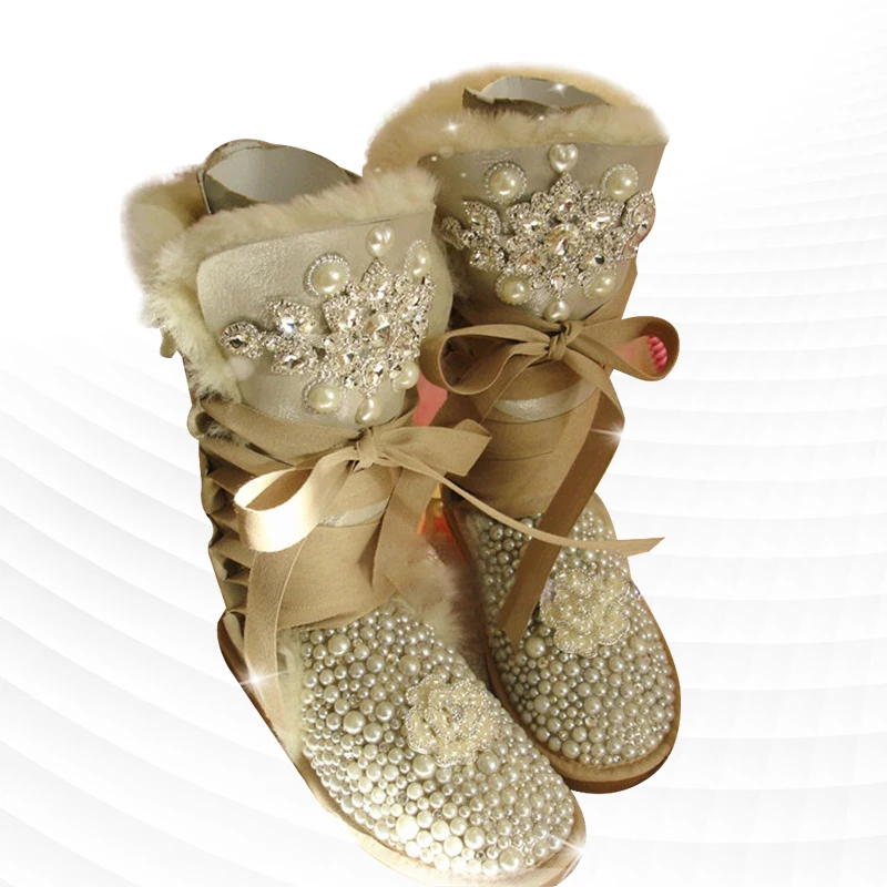 

Fur integrated beige ribbon pearl and leg boots winter comfortable and warm handmade sequins plus velvet thickening 35-44