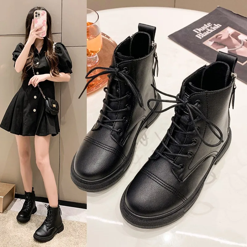 

New Chelsea Boots Women Shoes Chunky Winter Platform Shoes Ankle Boots Lace up Zipper Thick Heels Boots Plus Size Short Boots