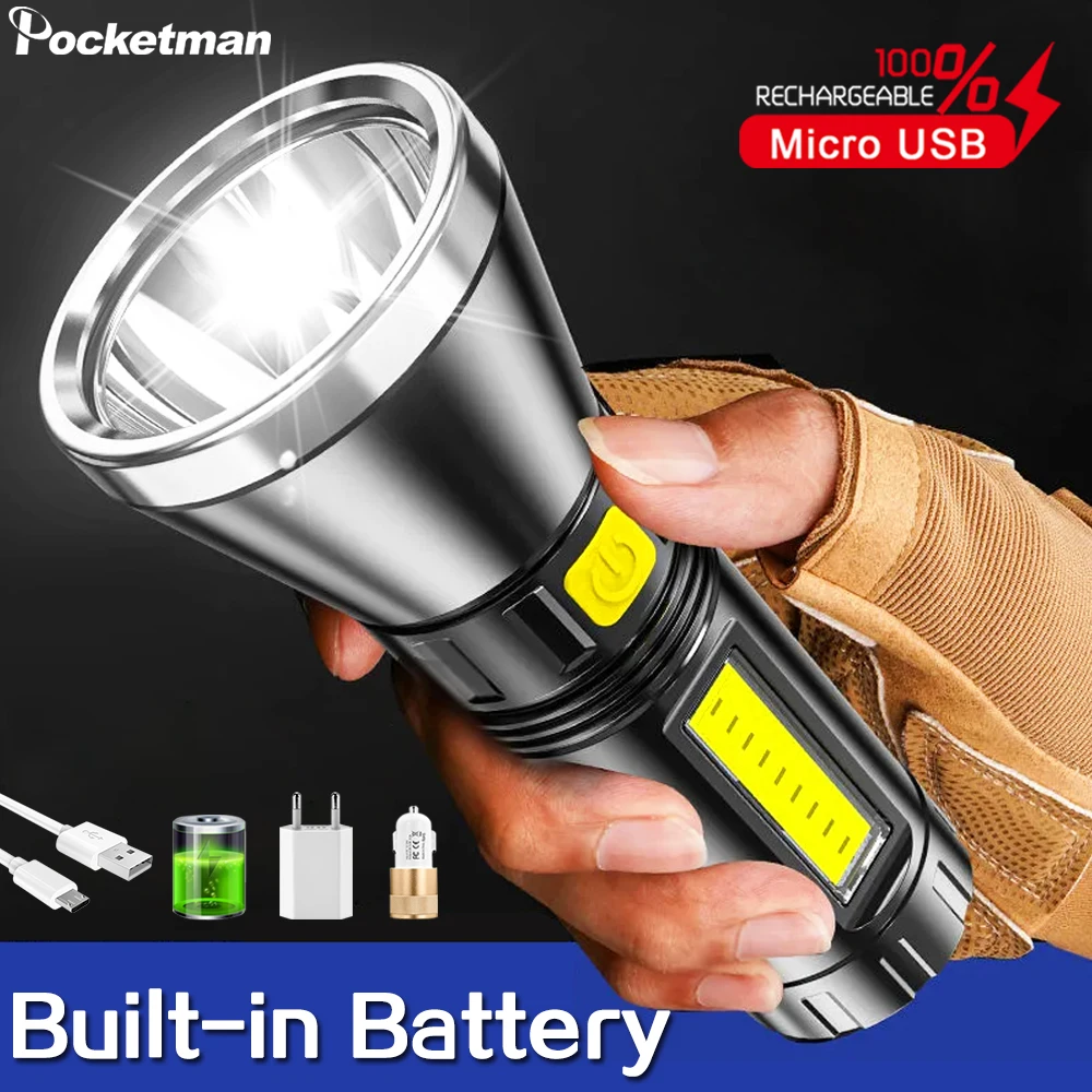 

Portable Mini LED Flashlight 3 Modes Waterproof USB Rechargeable Torch Outdoor Camping Hiking side light with Build-in Battery