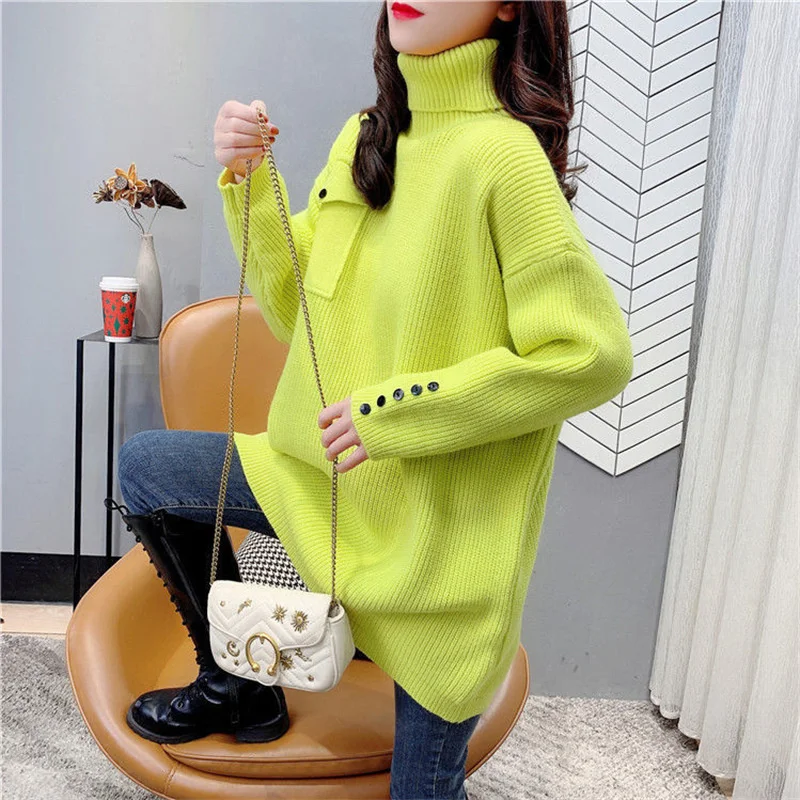 

#7502 Winter Sweater Women Solid Color Long Sweater Pullovers Femme Long Sleeve Buttons Loose Turtleneck Knitted Sweater Warm