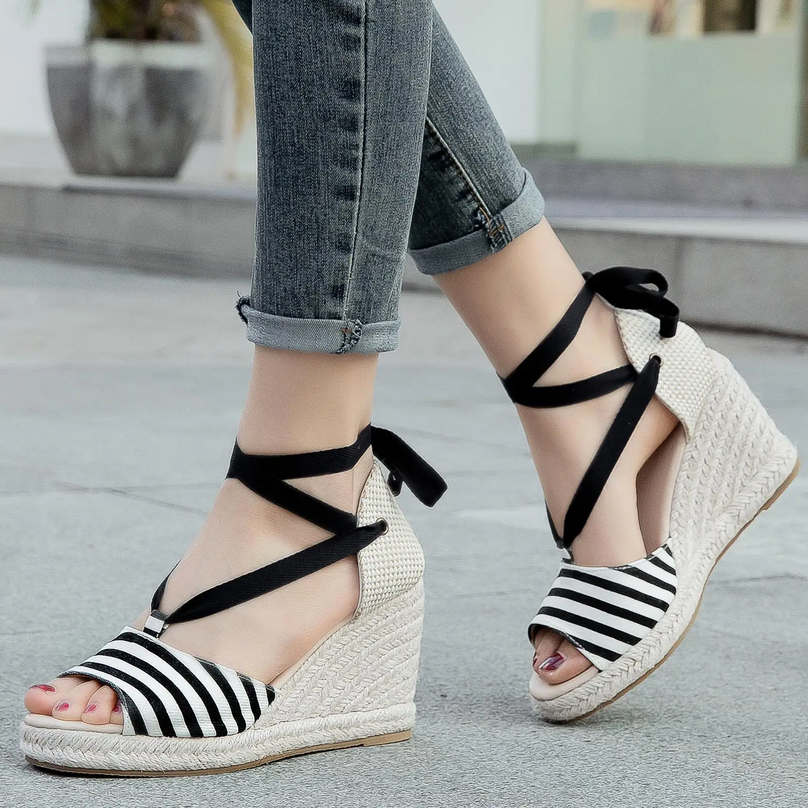 

Espadrille Wedge Sandals for Women - Comfortable and Breathable Womens Wedges, Lace Up Fish Mouth Wedge Shoes, Can Be Worn with