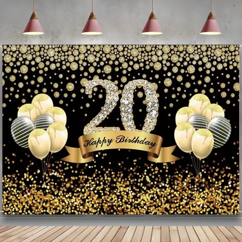 

Happy 20th Birthday Golden Glitters Balloons Photography Backdrop Shiny Diamonds Portrait Custom Poster Family Photo Background