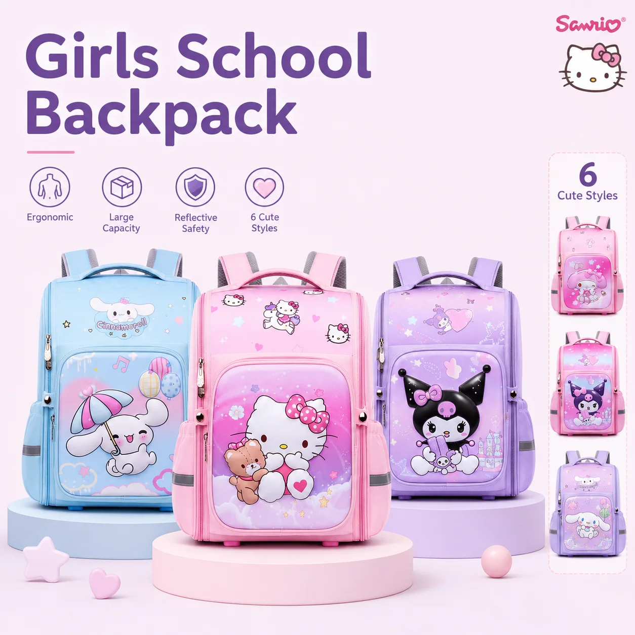 Фото Рюкзак Sanrio для начальной школы (1-6 классы), эргономичный, легкий, для девочек, милый, многослойный, для хранения школьных принадлежностей №1