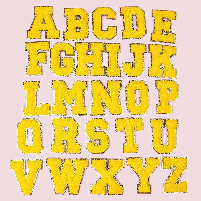

26Ps Yellow Pink Towel Embroidery Gold Edge English Letter Jacket Patch Sew Cap Clothing Accessories Badge Patch Cloth Sticker