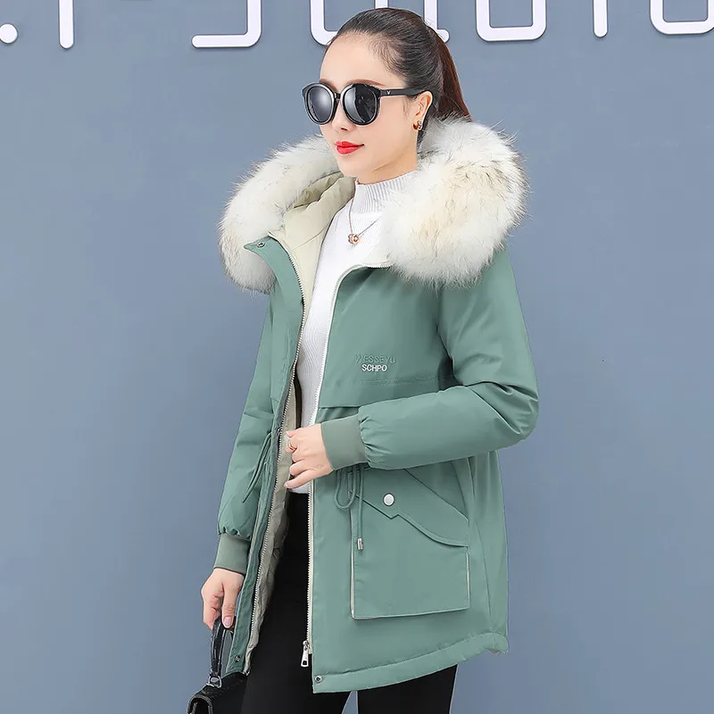 Autumn Winter New Women Parka Cotton Clothing Design Mid-length Down Jacket Plus Velvet Warm Big Fur Collar Solid Color Coats