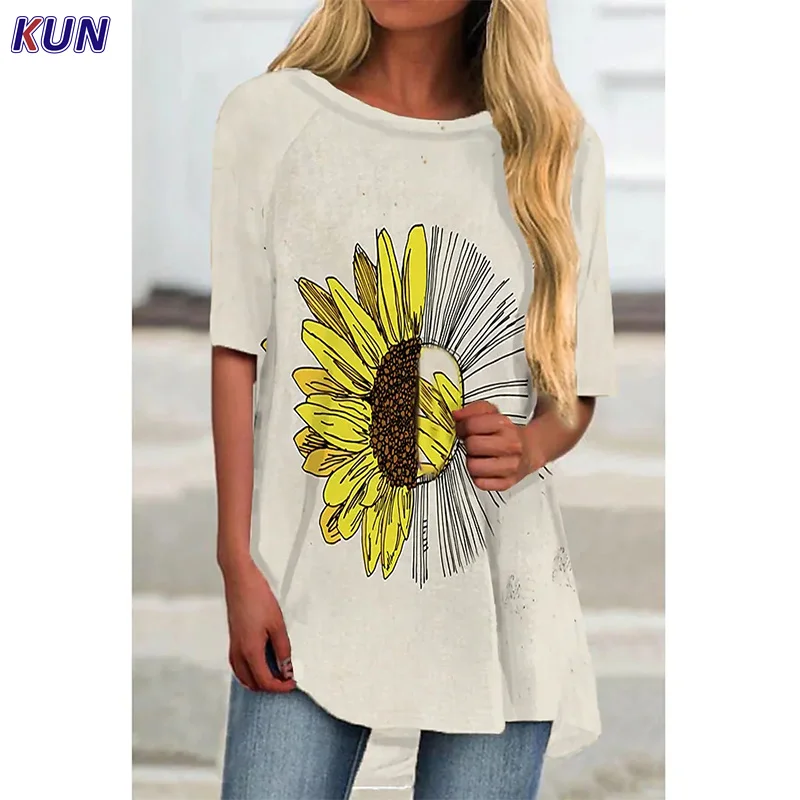 

Women's T-Shirt White Yellow Beige Short Sleeve T-Shirt Sunflower Floral Print Spring Summer Round Neck Casual Fashion Top 2022
