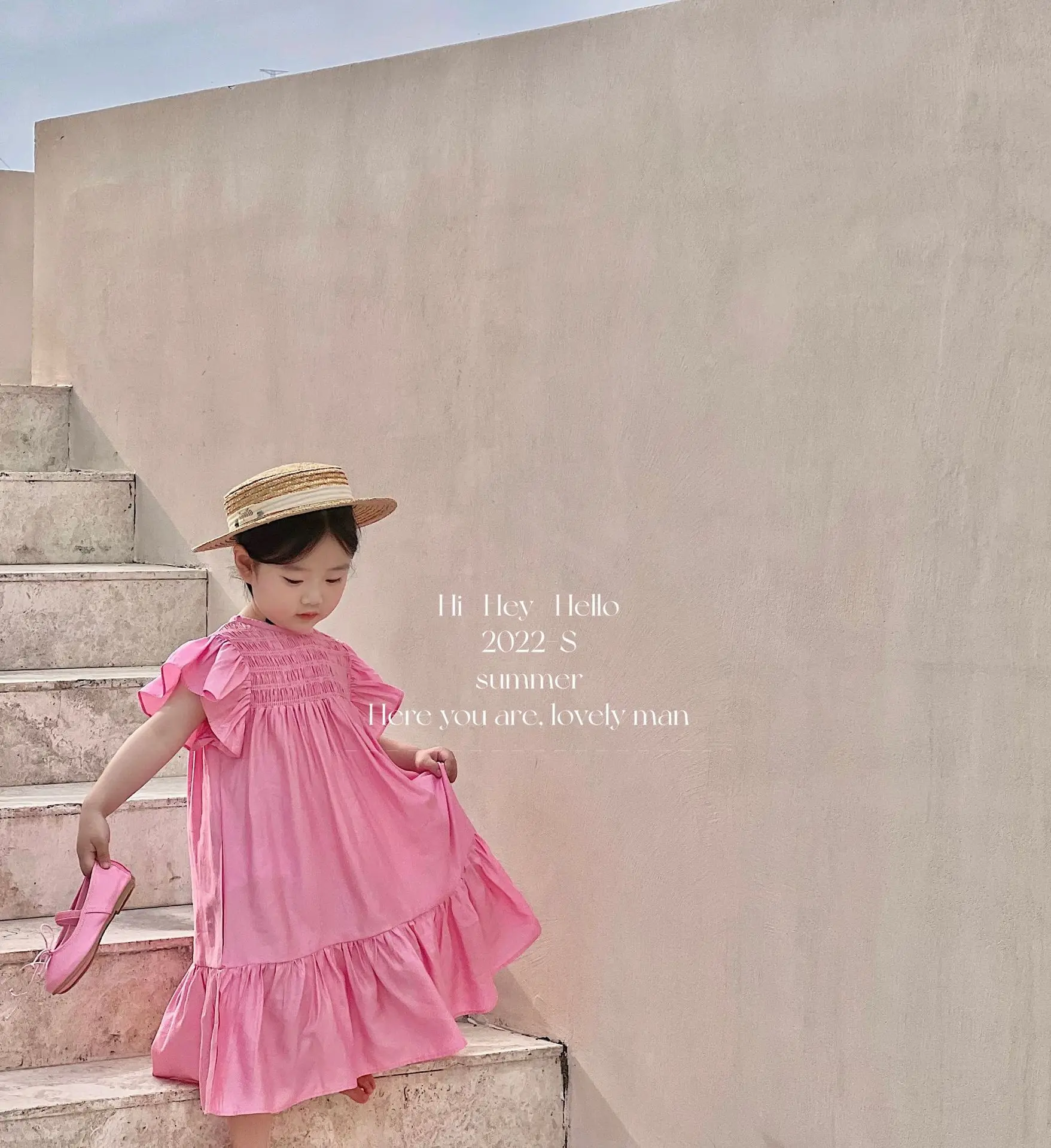 

2022 Summer Korean Girls' Dress Children Rose Pink Flying Sleeve Long Princess Dress