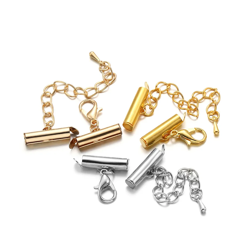 

50pcs Crimp End Beads Slide End Clasp With Chain Buckles Tubes Slider End Caps Connectors For DIY Jewelry Making Accessories
